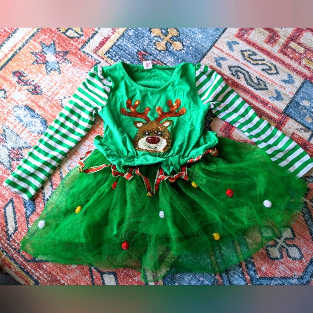 Toddler Holiday Reindeer Jungle Bell Tulle Dress
